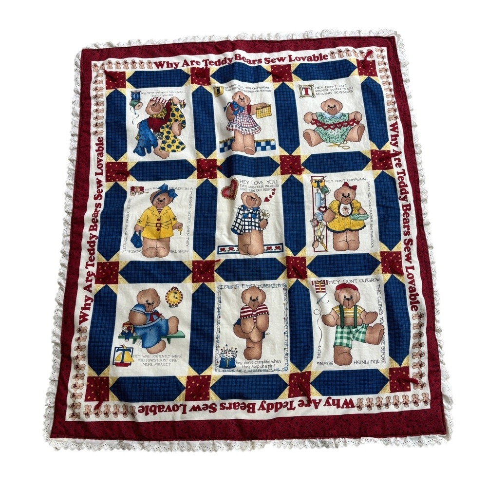 VTG 90s Teddy Bears Sew Lovable Quilt Blanket Red Blue‎ Lace Trim Daisy Kingdom